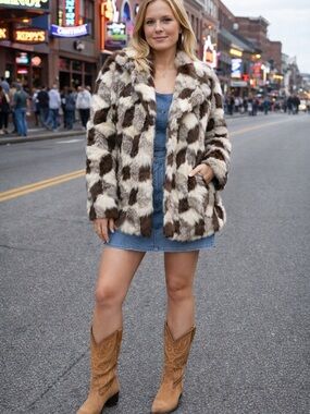 Vintage Patchwork Rabbit Fur Coat Brown Cream Genuine Fur Jacket Western NYC